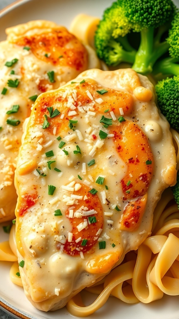 Creamy garlic parmesan chicken served with fettuccine and broccoli, garnished with parsley.